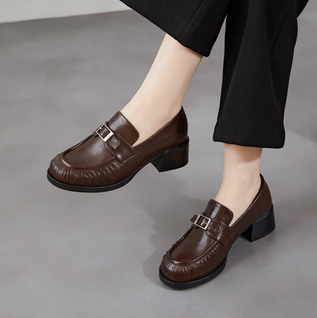 Women's Sheepskin Loafers - Ruched Leather Buckle Block Heel