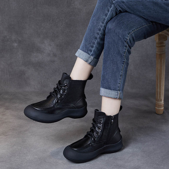 Women's Leather Platform Boots – Comfortable Casual Lace-Up Ankle Shoes