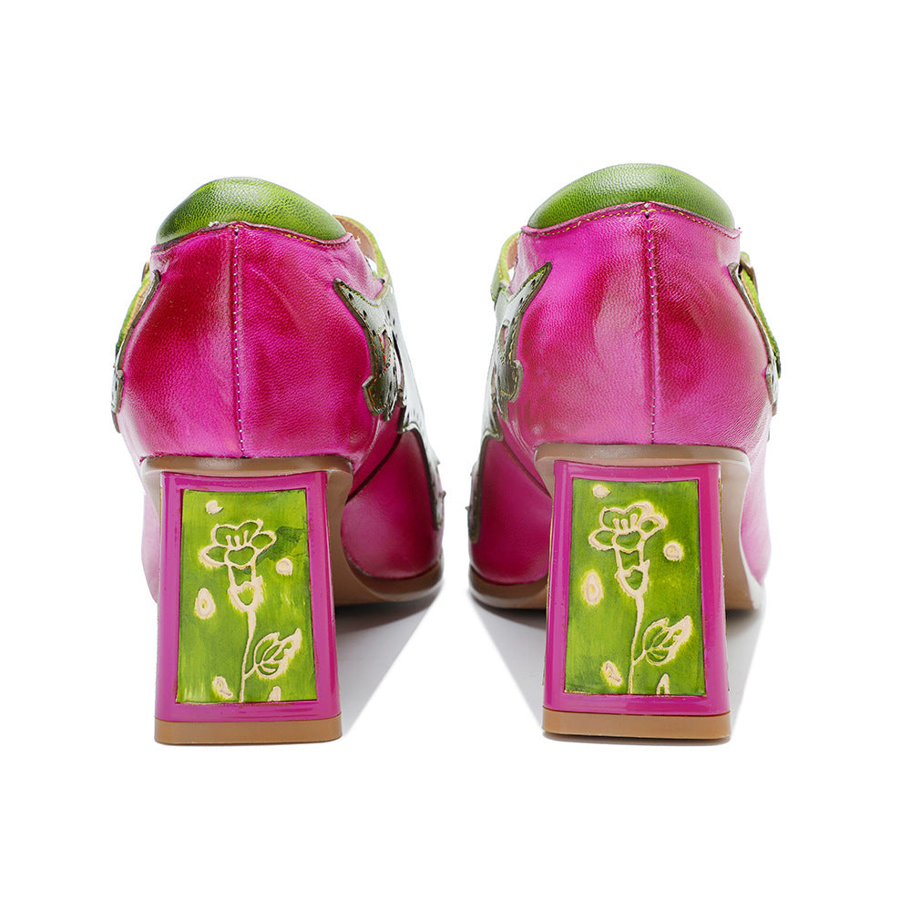 Vibrant Mary Janes for Women - Leather T-Strap Sandals with Floral Artistic Block Heel