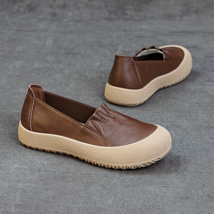 Womens Casual Leather Slip-on Loafers Closed Toe Platform Walking Shoes Anti-Collision