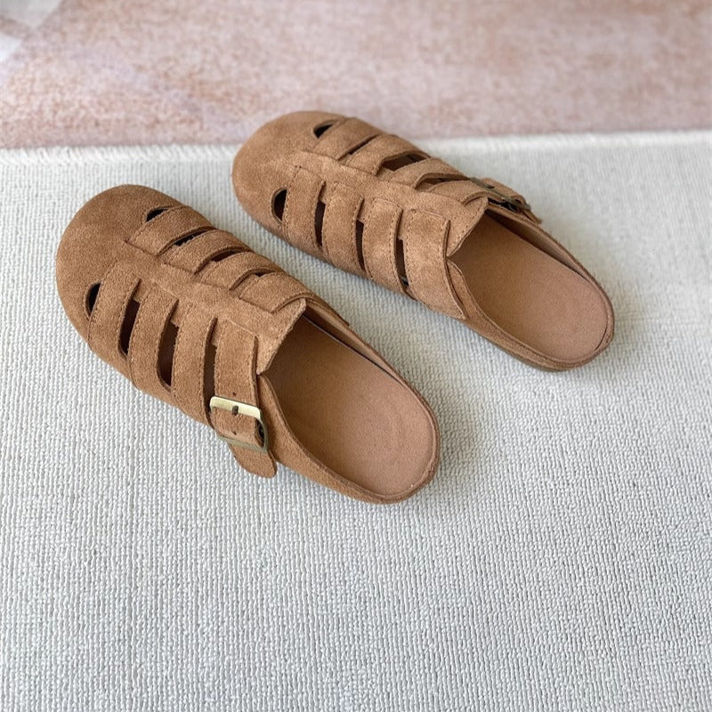 Women's Suede Round Toe Hollowed Out Casual Buckle Mule