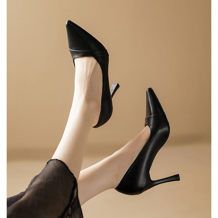 Women's Leather Business Work Black Heeled Pump