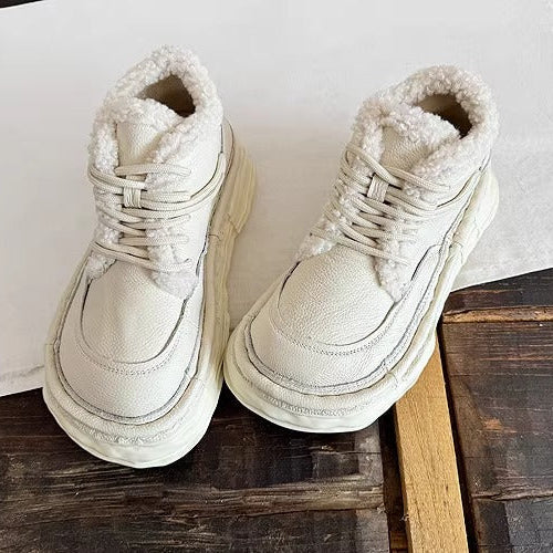 Women's Winter Chunky Leather Lace-Up Shoes – Fleece-Lined & Ugly-Cute Design