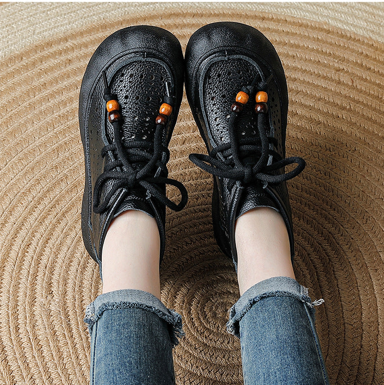 Women's Leather Ankle Sandals Boots Retro Lace-Up Vintage Hollow-Out Casual Summer Flats