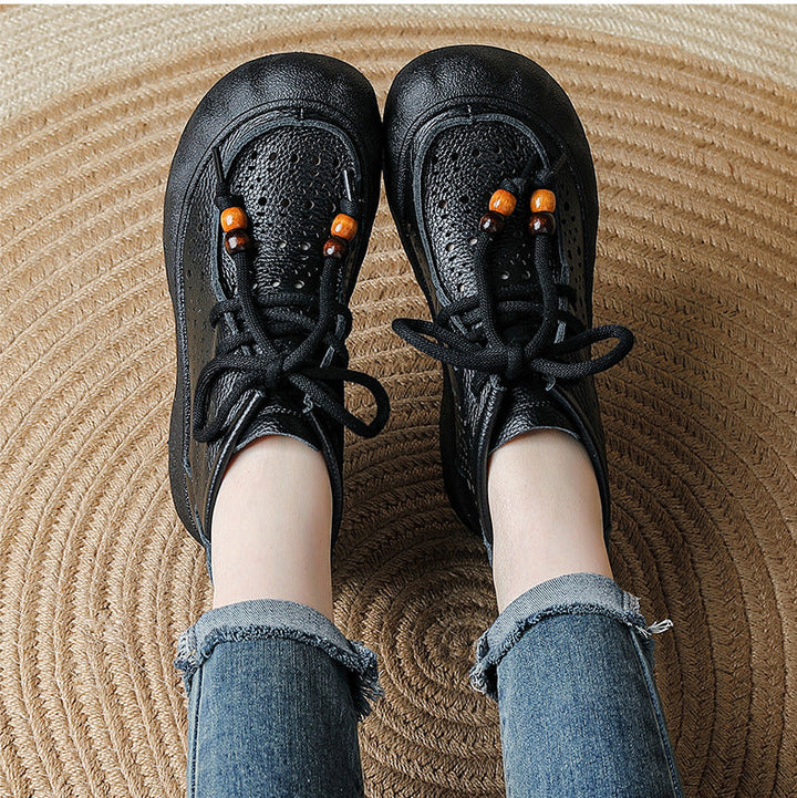 Women's Leather Ankle Sandals Boots Retro Lace-Up Vintage Hollow-Out Casual Summer Flats