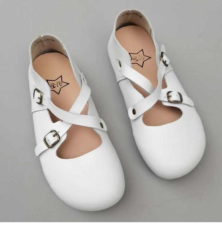 Women's Hidden Wedge Heel Shoes - Handmade Vintage Style with Cross Strap Buckle