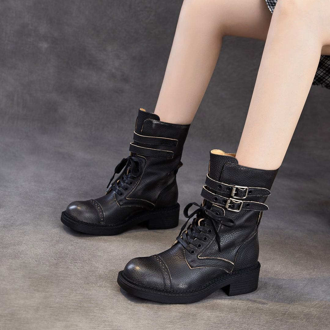 Women‘s Retro Cowhide Mid-Calf Boots Vintage Round Toe Buckle Lace-up Combat Boots