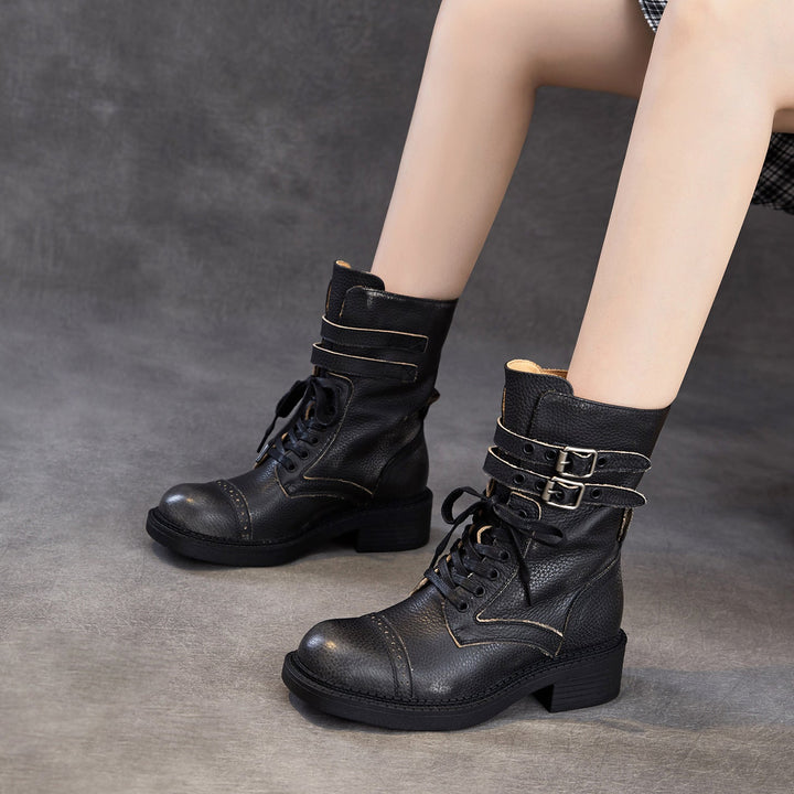 Women‘s Retro Cowhide Mid-Calf Boots Vintage Round Toe Buckle Lace-up Combat Boots