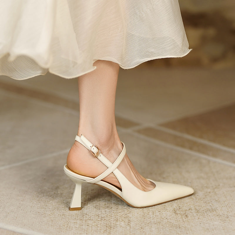 Women Slingback Kitten Heels Pumps Pointed Toe Strap Buckle Sandals