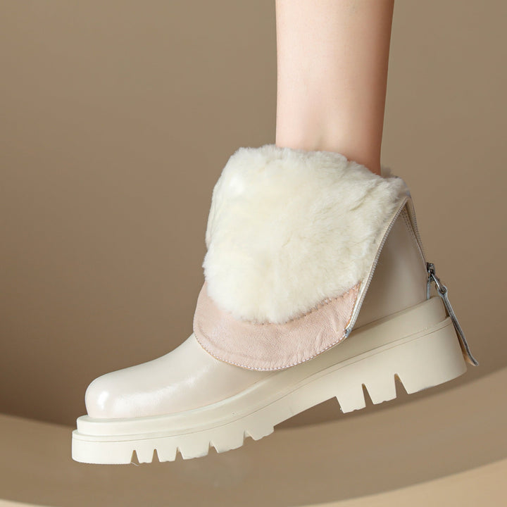 Womens Fleece Lined Snow Boots Leather Platform Zipper Short Boot Winter Shoes