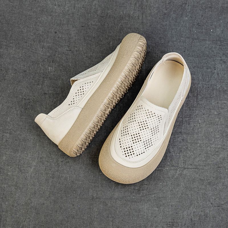 Womens Summer Perforated Leather Slip-on Loafers Breathable Platform Casual Walking Shoes