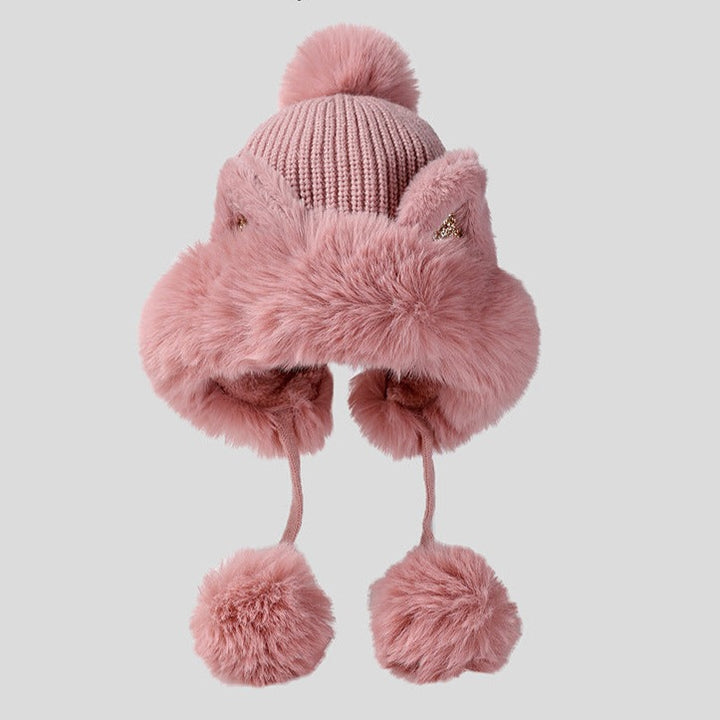 Cute Faux Fur Knit Beanie Sequins Cat Ear Hat