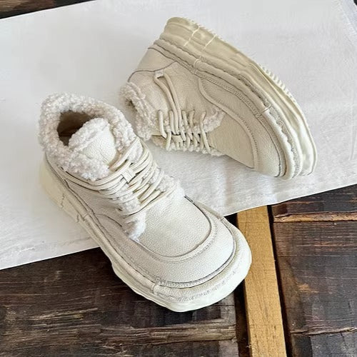 Women's Winter Chunky Leather Lace-Up Shoes – Fleece-Lined & Ugly-Cute Design