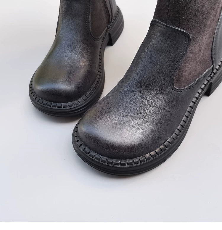 Women's Wide Toe Box Vintage Leather Suede Patchwork Knee-High Boots Wide Fit Flat Riding Boots