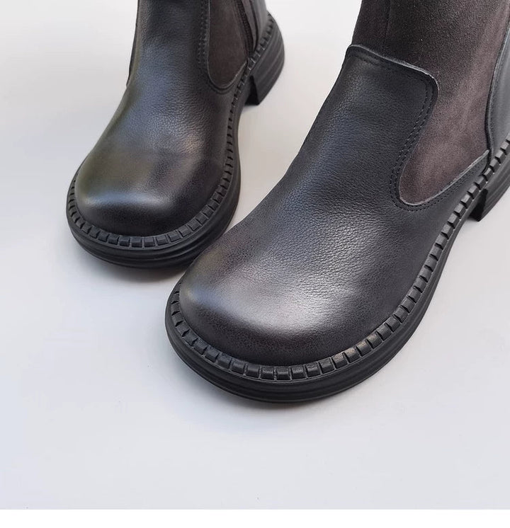 Women's Wide Toe Box Vintage Leather Suede Patchwork Knee-High Boots Wide Fit Flat Riding Boots
