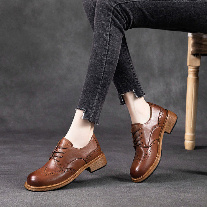 Women's Leather British-Style Brogue Lace-up Oxford Shoes