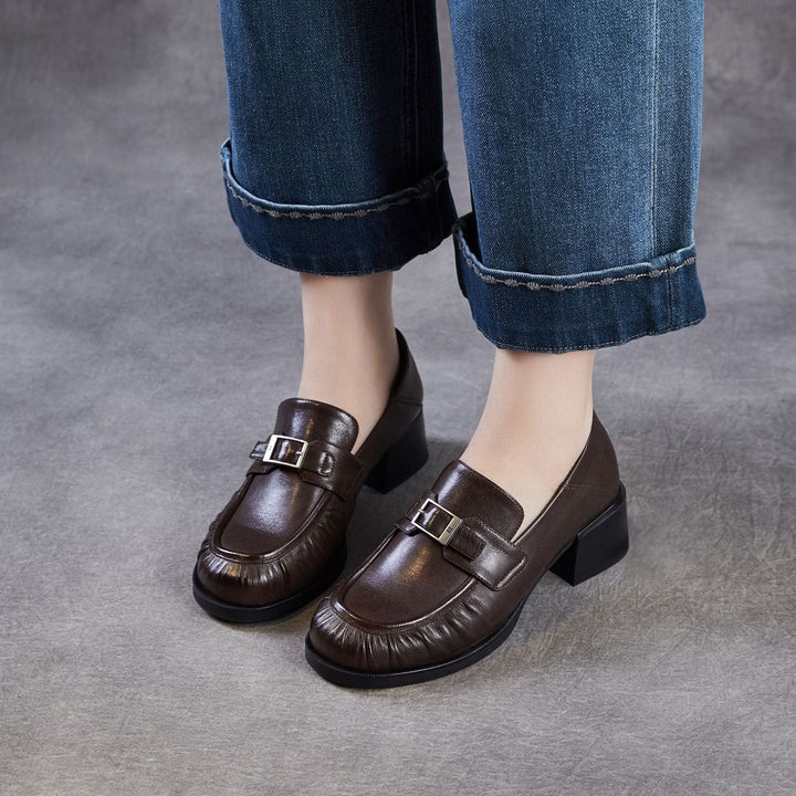 Women’s Sheepskin Leather Loafers – British Style Block Heel Mid Heel Shoes