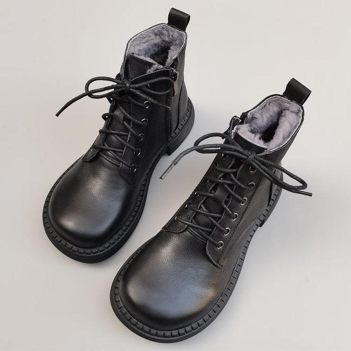 Women's Vintage Wide Toe Leather Shearling Boots – Cozy Winter Ankle Style