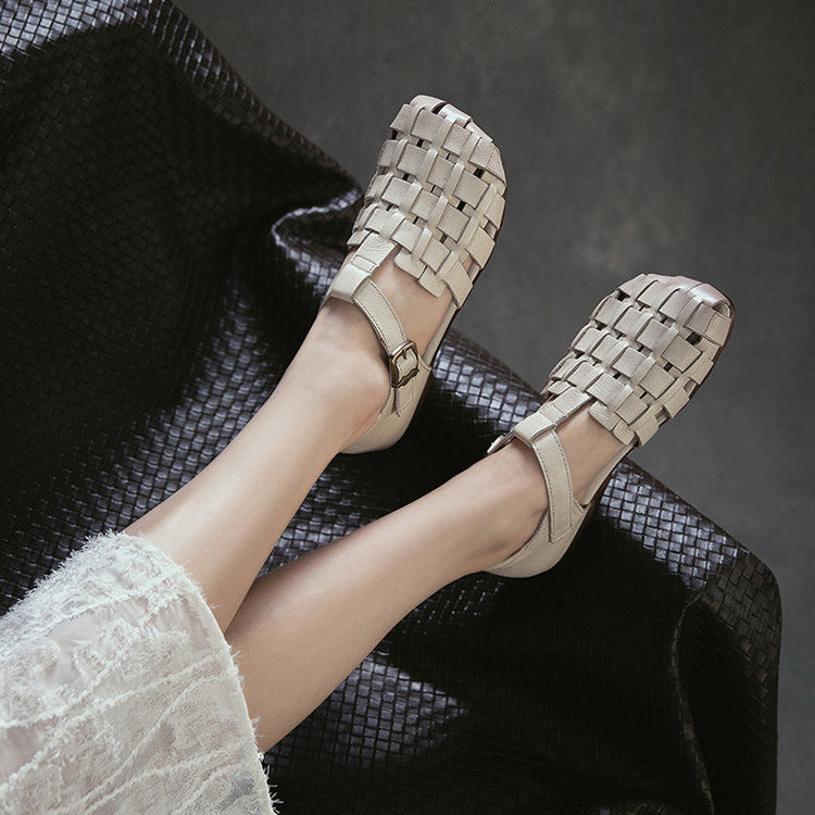 Women's Retro Woven Fisherman Sandals Vintage Leather Velcro Cage Flats