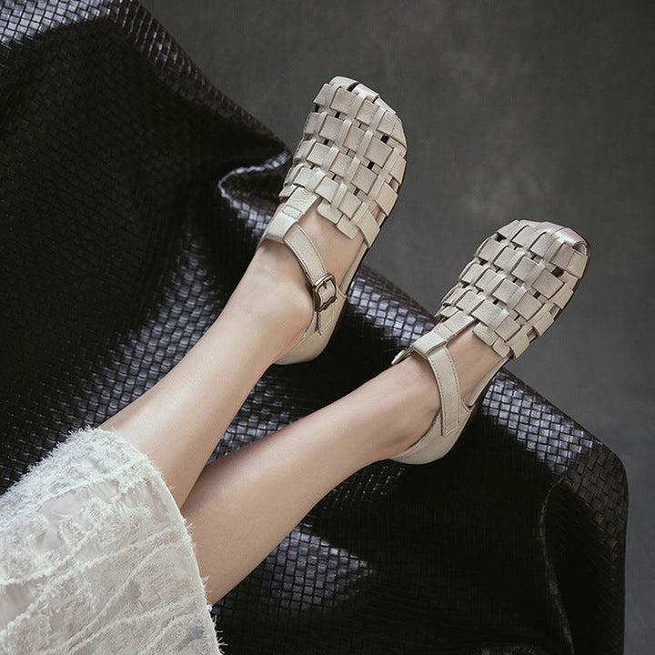Women's Retro Woven Fisherman Sandals Vintage Leather Velcro Cage Flats