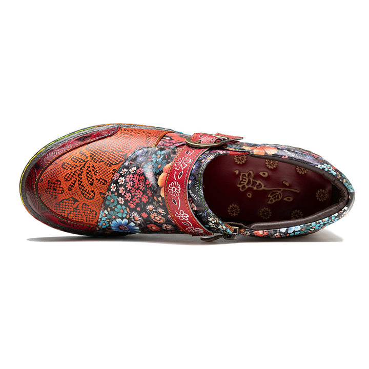 Leather Colorful Flower Patchwork Flat Vintage Boho Brogues Women's Shoes