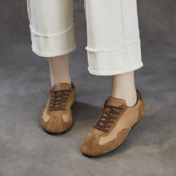 Women's Genuine Leather Retro Sneakers Vintage Lace-up Round Toe Flat Walking Shoes