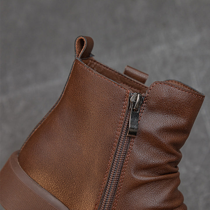 Comfortable Women's Flat Leather Boots – Casual Ruched Ankle Style