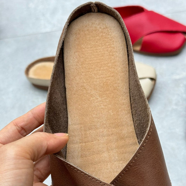 Women's Leather Retro Hollow Out Square Toe Mule Shoes