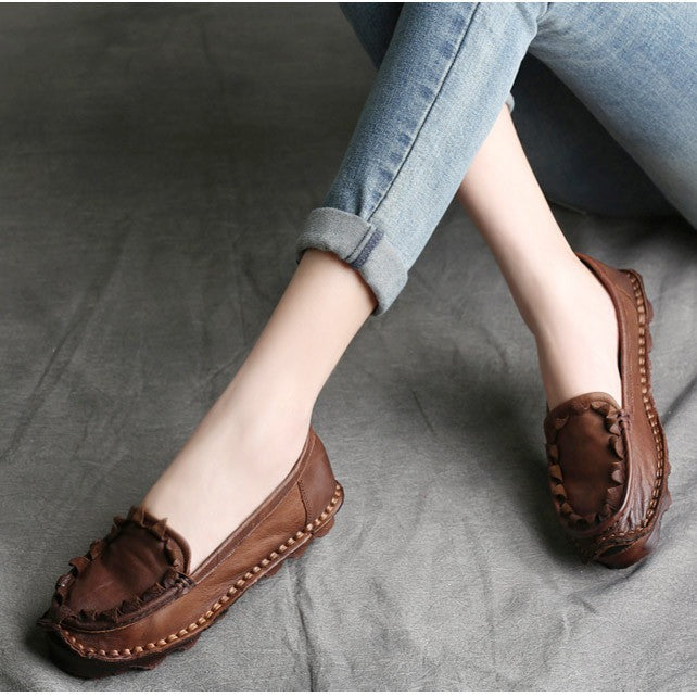 Womens Handmade Retro Leather Loafers Flat Shoes