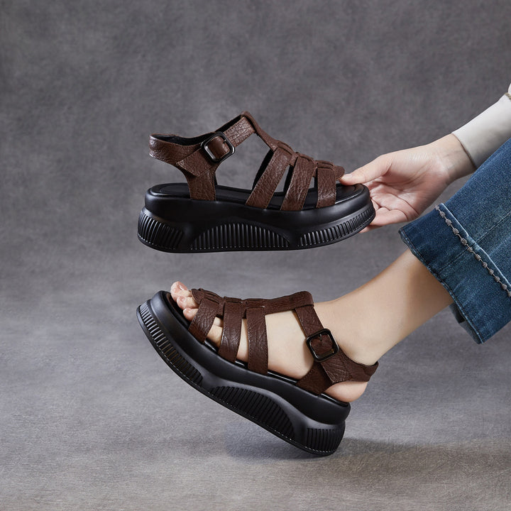 Women's Retro Leather Roman Sandals Vintage Round Toe Platform Chunky Platform Heels