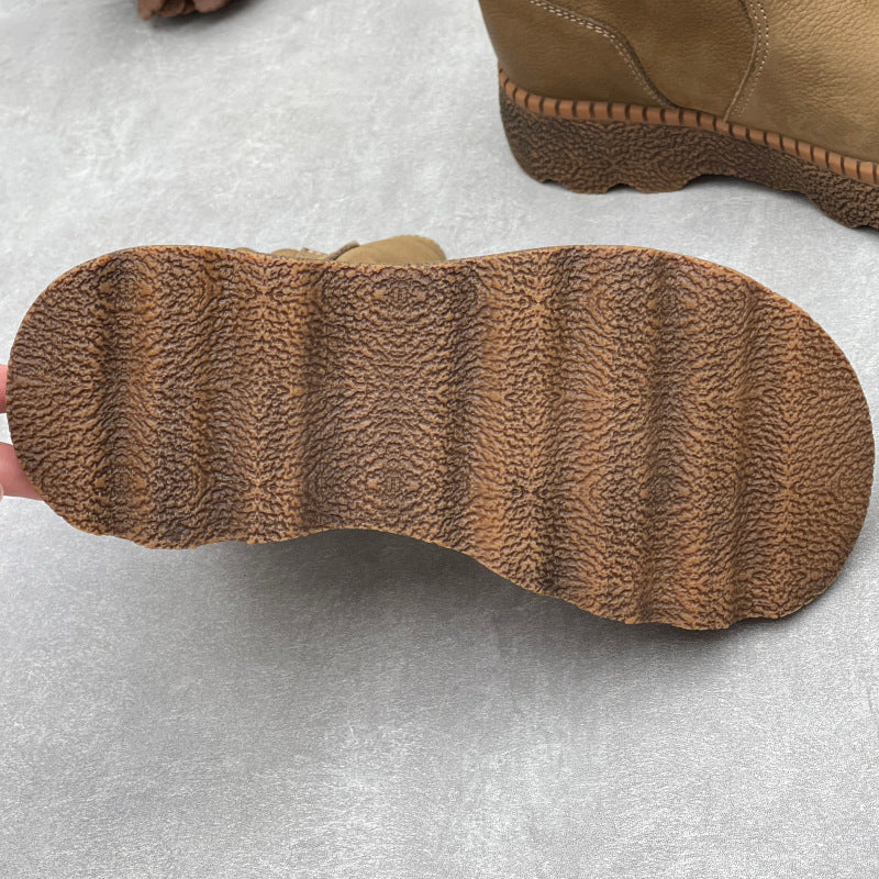 Women's Vintage Leather Mid-Calf Slip On Platform Booties Round Toe Chunky Sole Walking Shoes