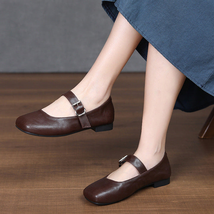 Women‘s Retro Leather Mary Jane Flats Vintage Square Toe Casual Ballet Shoes