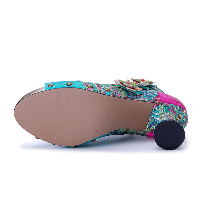 Bohemian Floral Sheepskin Booties for Women - Peep Toe Summer Sandals