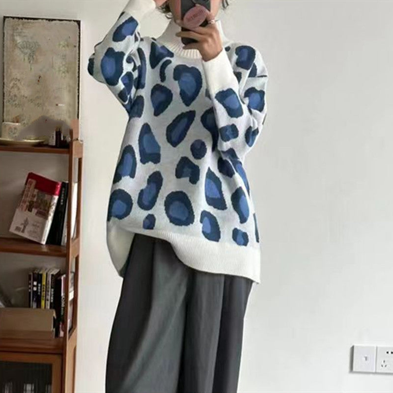 Women's Leopard Print Sweater Winter Warm Turtleneck Oversized Pullover Jumper