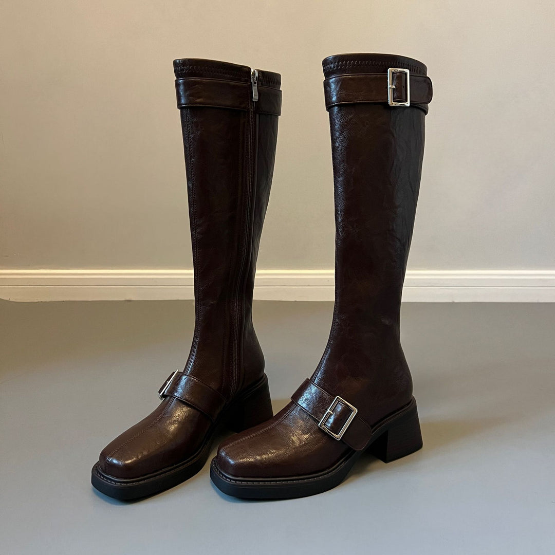 Women's Vintage Knee High Zipper Boots - Square Toe Buckle Strap Chunky Block Heel Riding Boots
