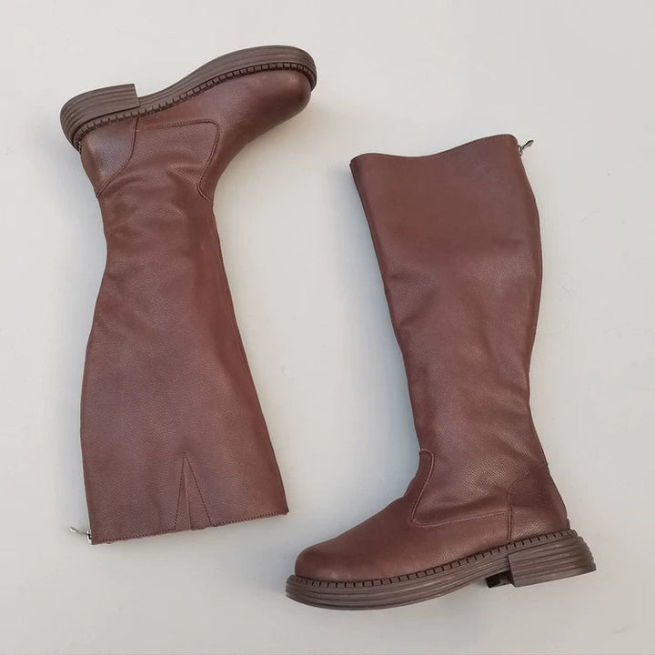 Women's Winter Fleece-lined Wide Toe Box Genuine Leather Knee High Boots British Style Riding Boots