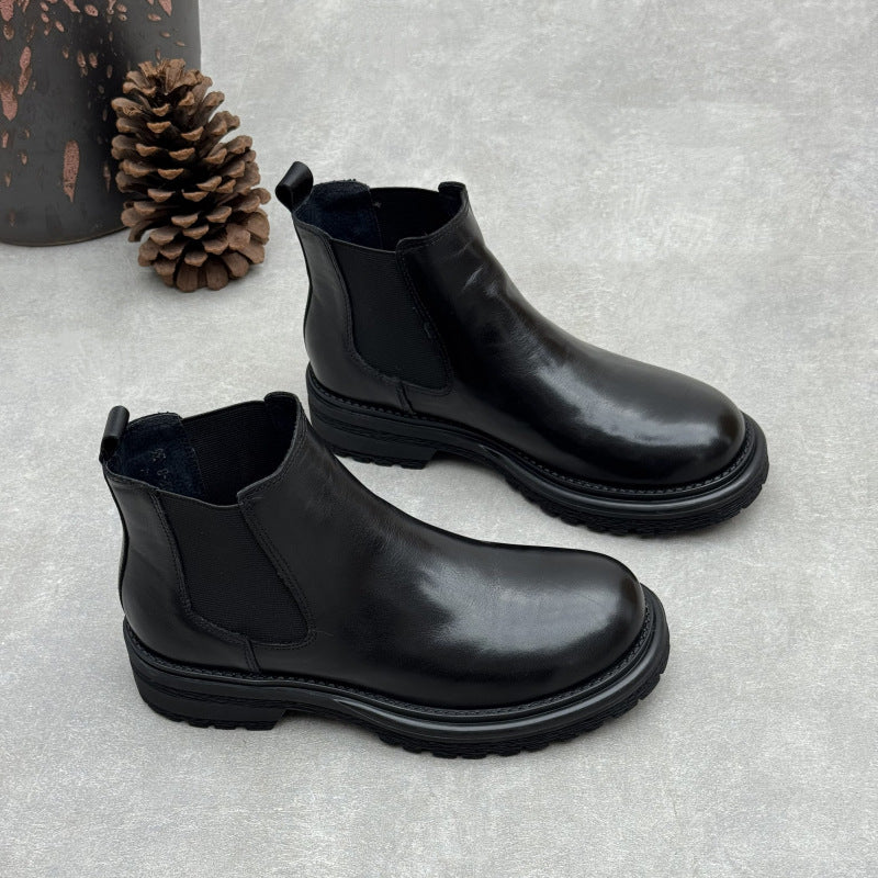 Women's Top-Grain Leather Chelsea Ankle Boots Slip On Low Platform Heel Booties