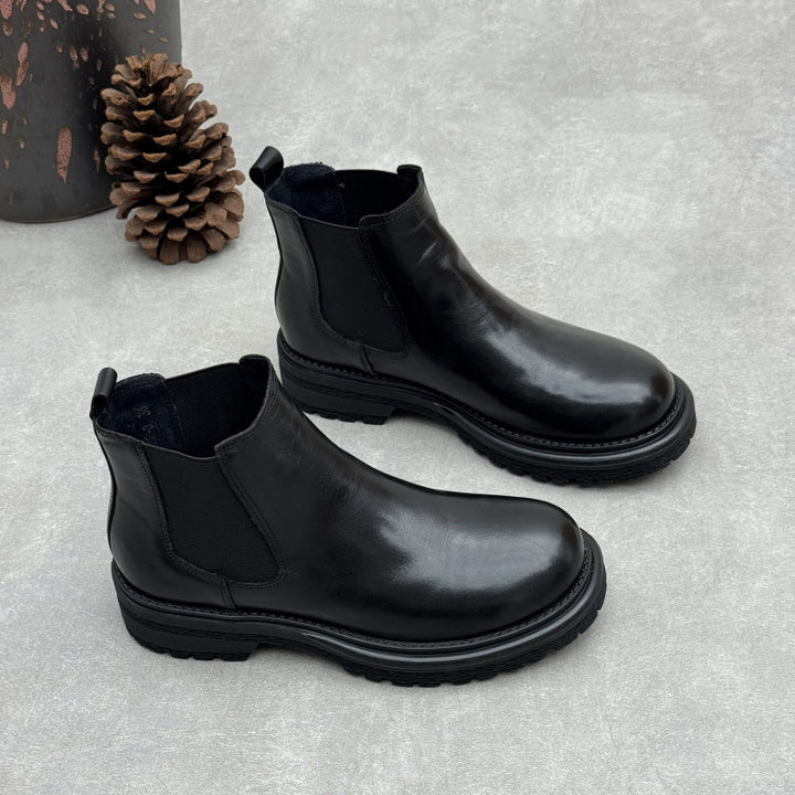 Women's Top-Grain Leather Chelsea Ankle Boots Slip On Low Platform Heel Booties