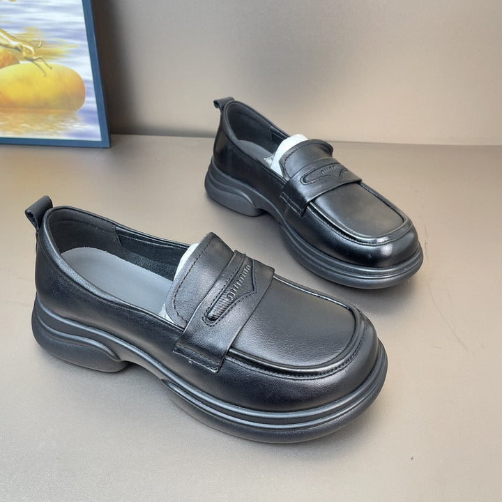 Women's Genuine Leather Penny Loafer Shoes Platform Slip On Round Toe Flats