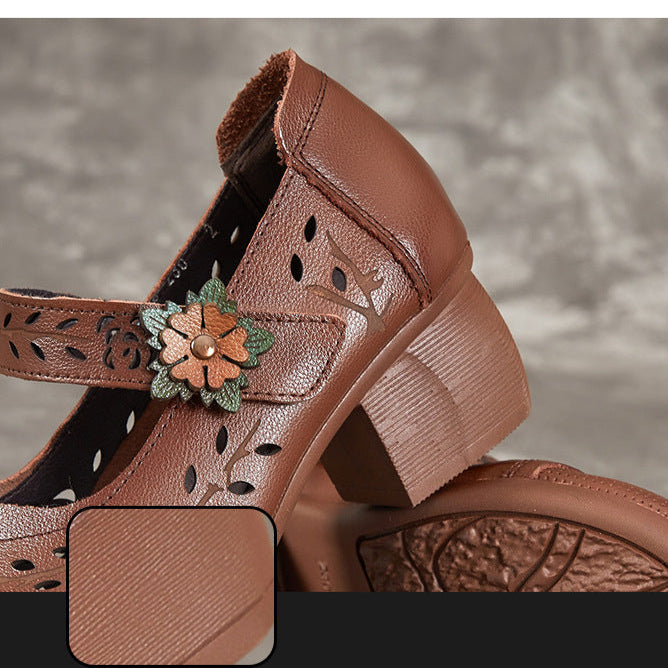 Women's Shoes Retro Summer Leather Sandals Hollowed Out Chunky Heeled