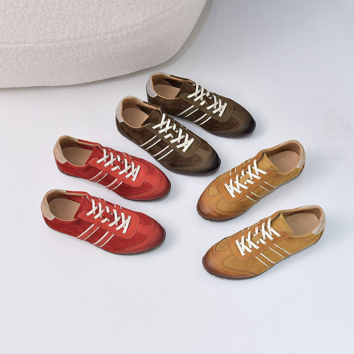Women's Genuine Leather Retro Sneakers Stripe Patchwork Flat Lace Up Casual Shoes