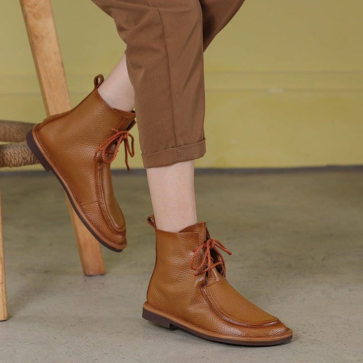 Women's Handmade Vintage Soft Leather Flat Lace-Up Ankle Boots Comfort Fit