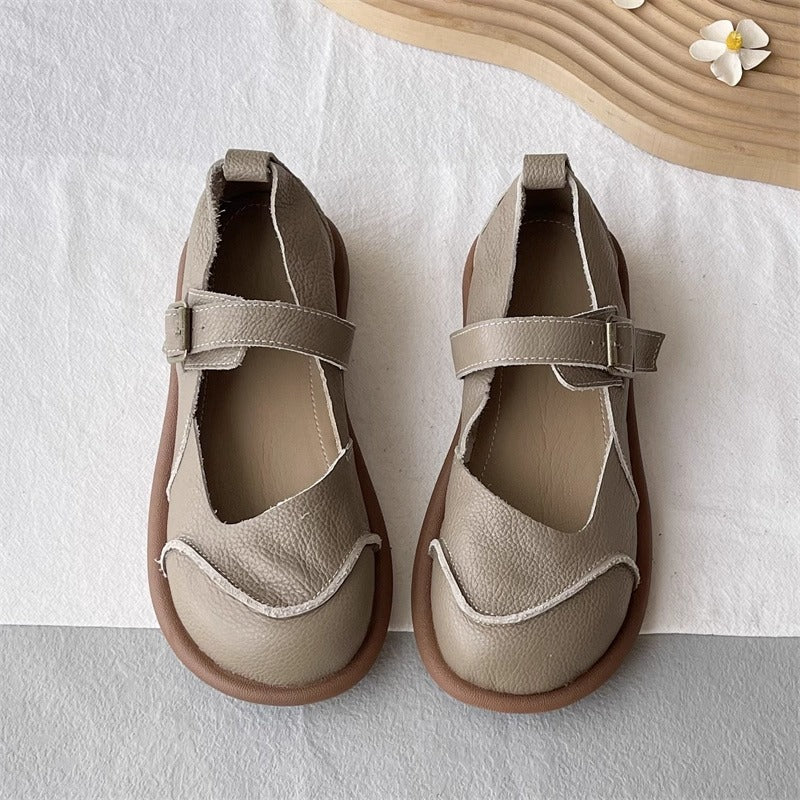 Women's Soft Leather Flat Mary Jane Shoes – Round Toe with Patchwork Design