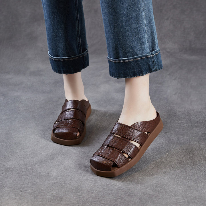 Women's Leather Mules - Multi-Strap Woven Closed Flat Sandals Casual Summer Slip-On Slides