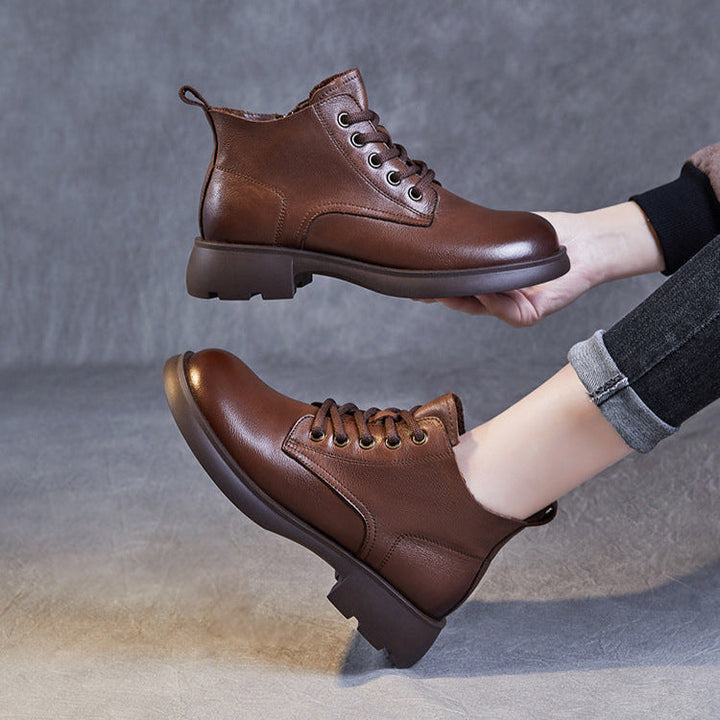 Women's Genuine Leather Casual Ankle Boots – Round Toe with Side Zipper