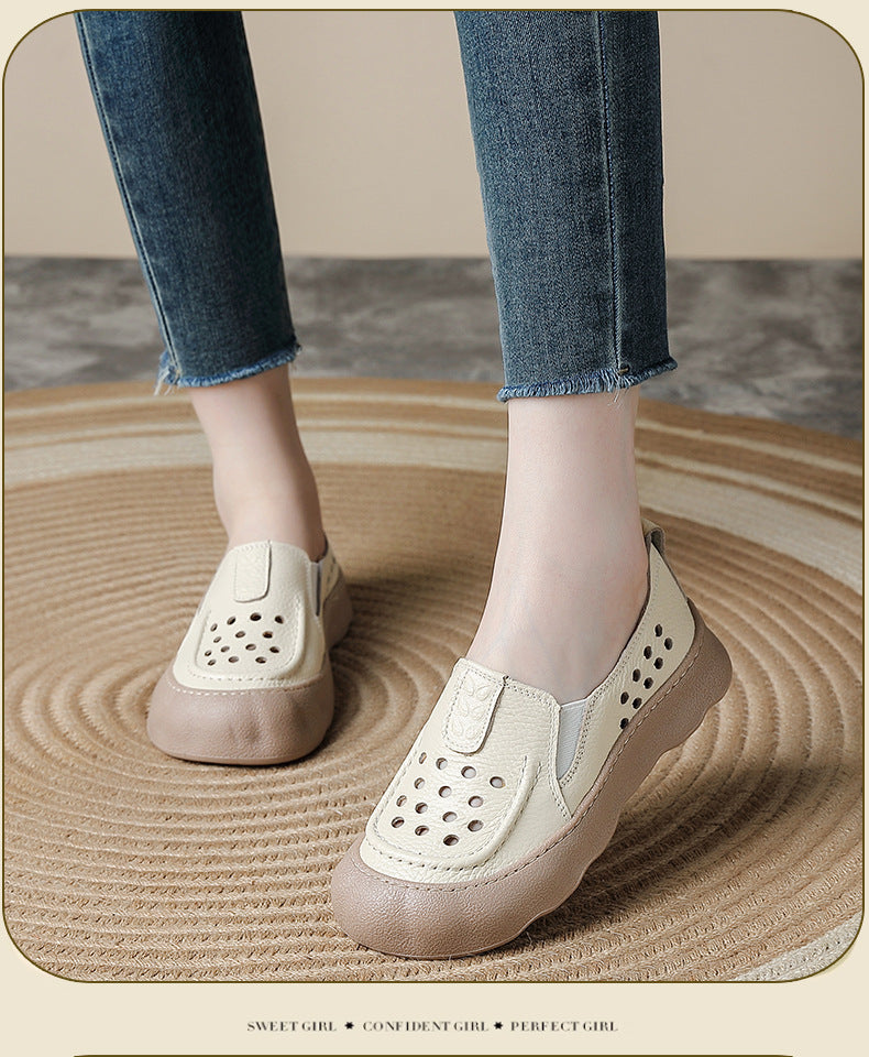 Women's Flats Vintage Hollow-Out Walking Shoes Leather Summer Loafers Retro Slip-On Platform Shoes