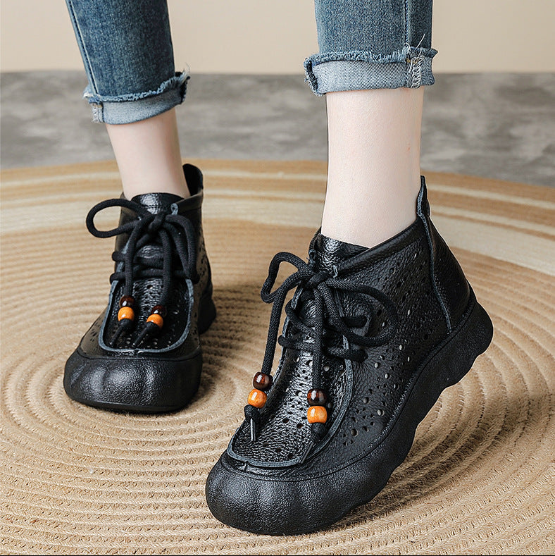 Women's Leather Ankle Sandals Boots Retro Lace-Up Vintage Hollow-Out Casual Summer Flats