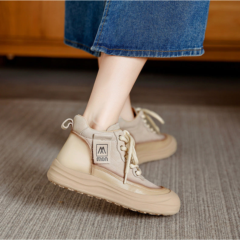 Trendy Women's Leather Platform Sneakers – High-Top Lace-Up Casual Shoes