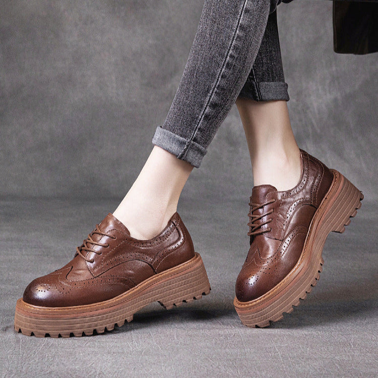 Women's British Style Brogue Oxfords - Genuine Leather with Chunky Sole