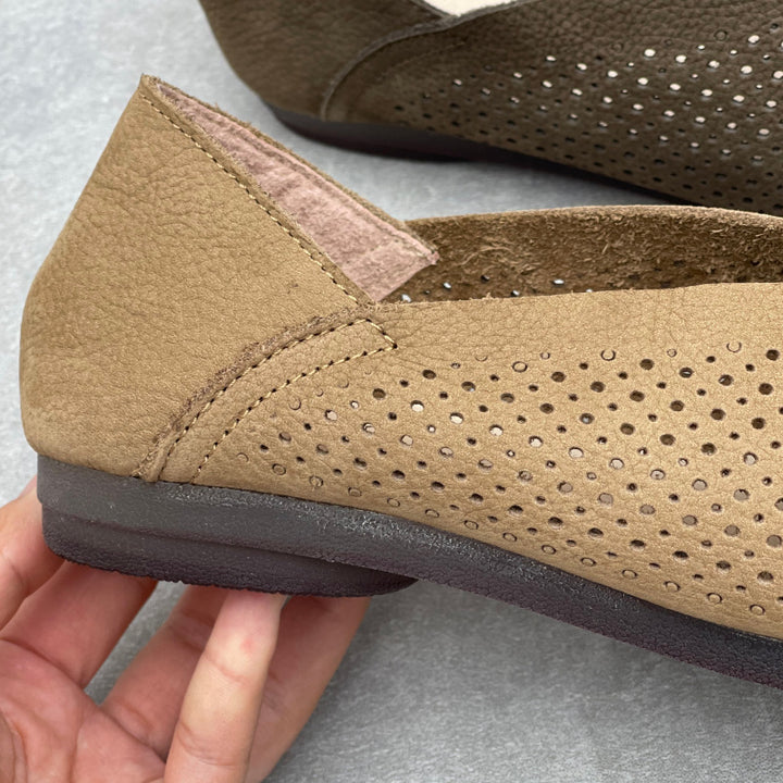 Women's Leather Perforated Loafers Retro V-Neck Slip-On Flats Ballet Flats Vintage Casual Summer Shoes